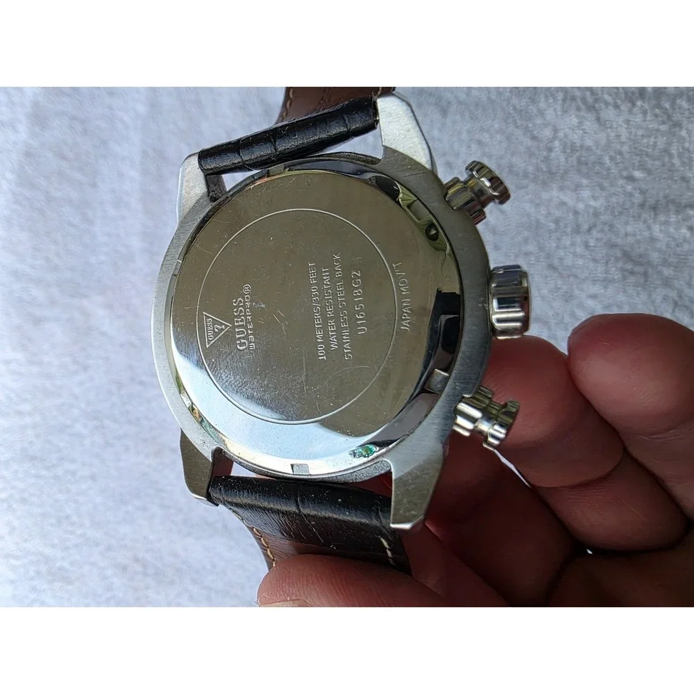 Guess Waterpro Chronograph Mens Watch Black Leather Strap U16518G2 100M Stainles